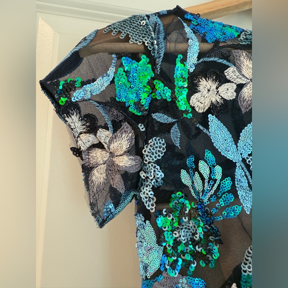 NWOT BRONX AND BANCO ZINNA EMBROIDERED EVENING Blue and Green Floral DRESS - Picture 9 of 13
